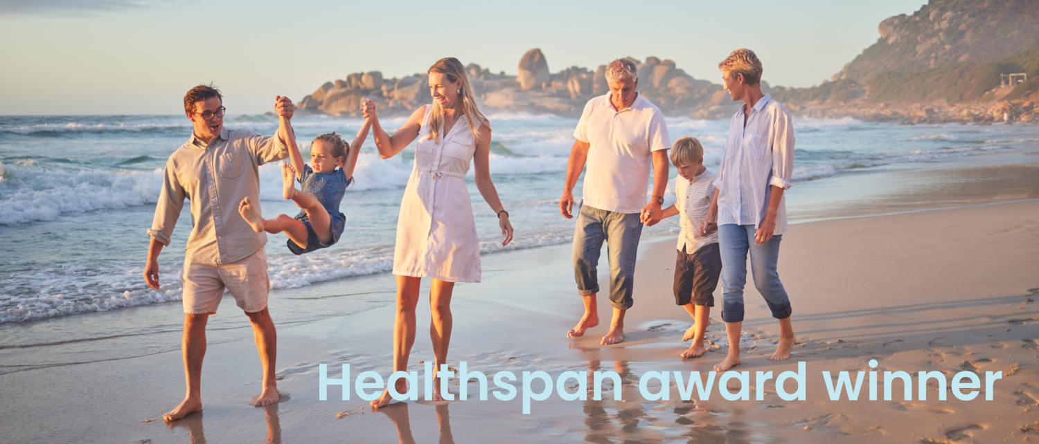 Holding hands, ocean and big family with vacation, happiness and travel for adventure, fun and play. Generations, beach and grandparents with mother, father and kids with childhood, smile and journey